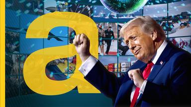 Donald Trump in Tanzlaune vor Bildschirmen mit politischen Ereignissen