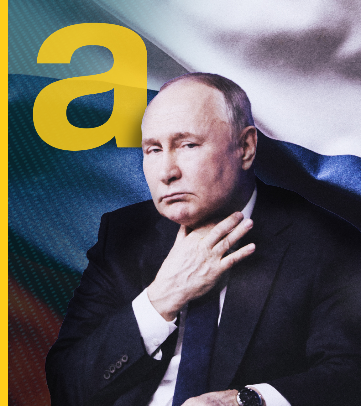Wladimir Putin vor russischer Flagge, daneben das auslandsjournal-Logo