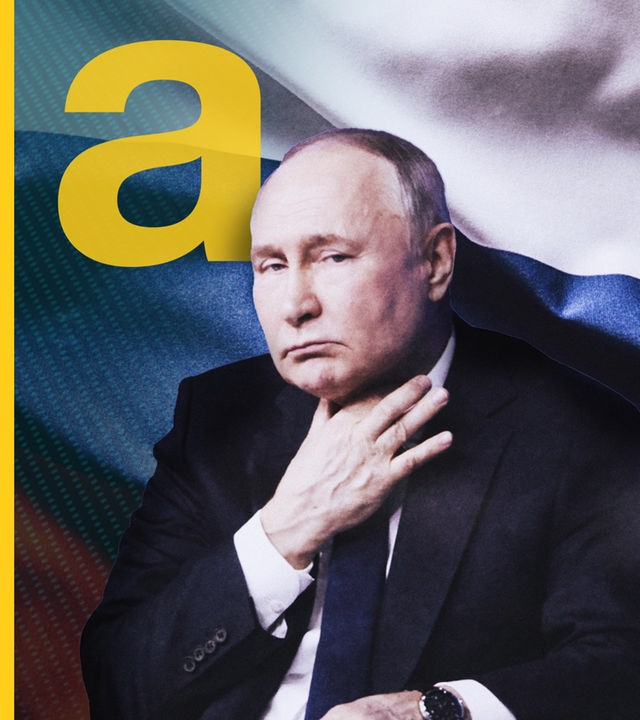 Wladimir Putin vor russischer Flagge, daneben das auslandsjournal-Logo