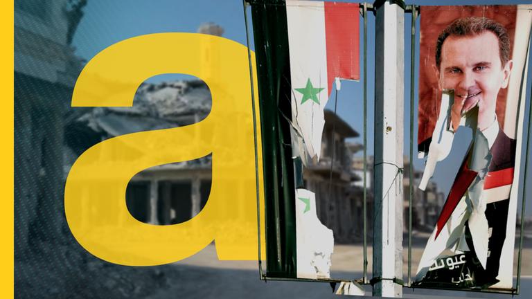 Trümmer in Syrien und zerfetztes Poster von Baschar al-Assad