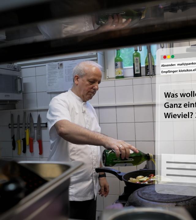 Koch am Herd, daneben eine Google-Bewertung: "Was wollen wirß Ganz einfach Geld. Wieviel? 300 Euro."
