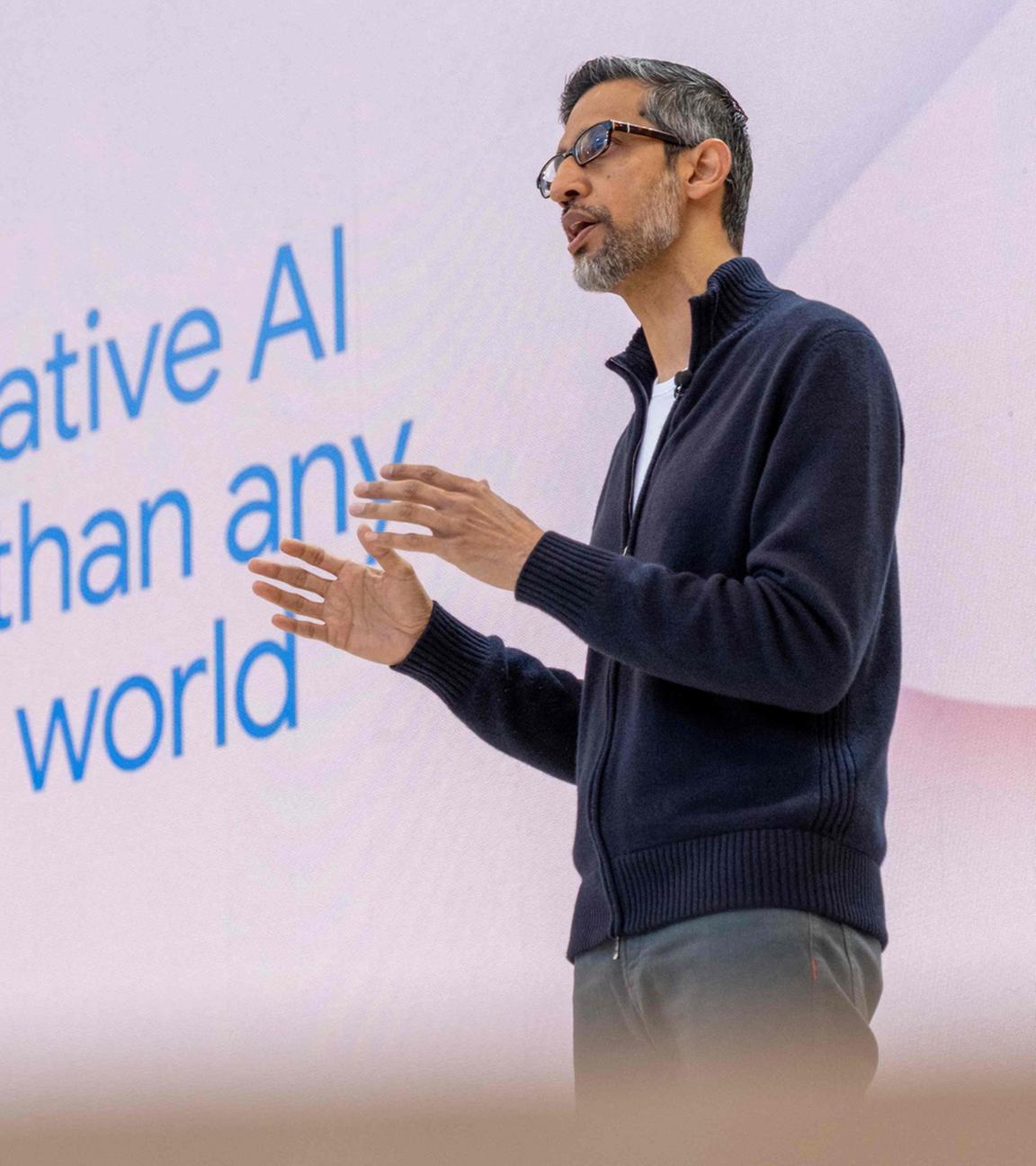 Google-CEO Sundar Pichai spricht während der jährlichen Google I/O-Entwicklerkonferenz in Mountain View, Kalifornien, am 20. Mai 2025 zu den Anwesenden.