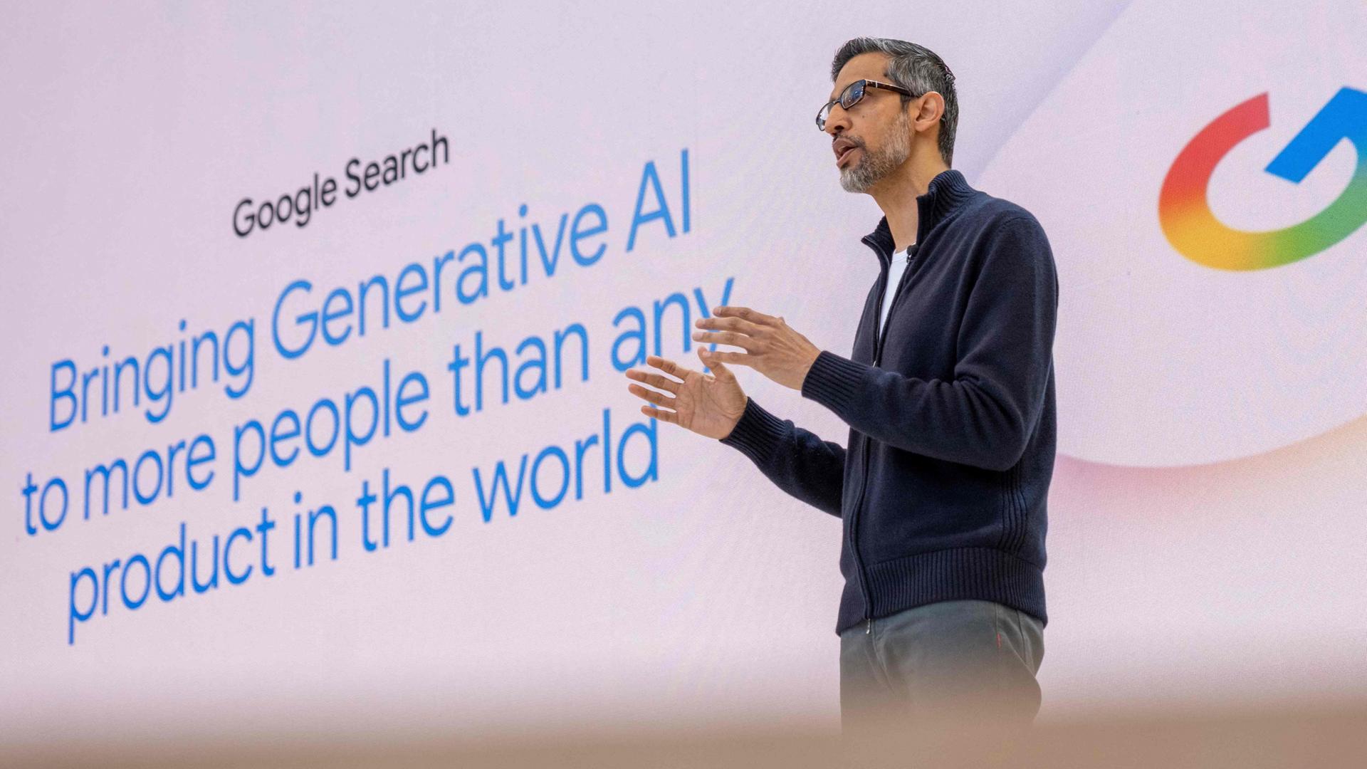 Google-CEO Sundar Pichai spricht während der jährlichen Google I/O-Entwicklerkonferenz in Mountain View, Kalifornien, am 20. Mai 2025 zu den Anwesenden.