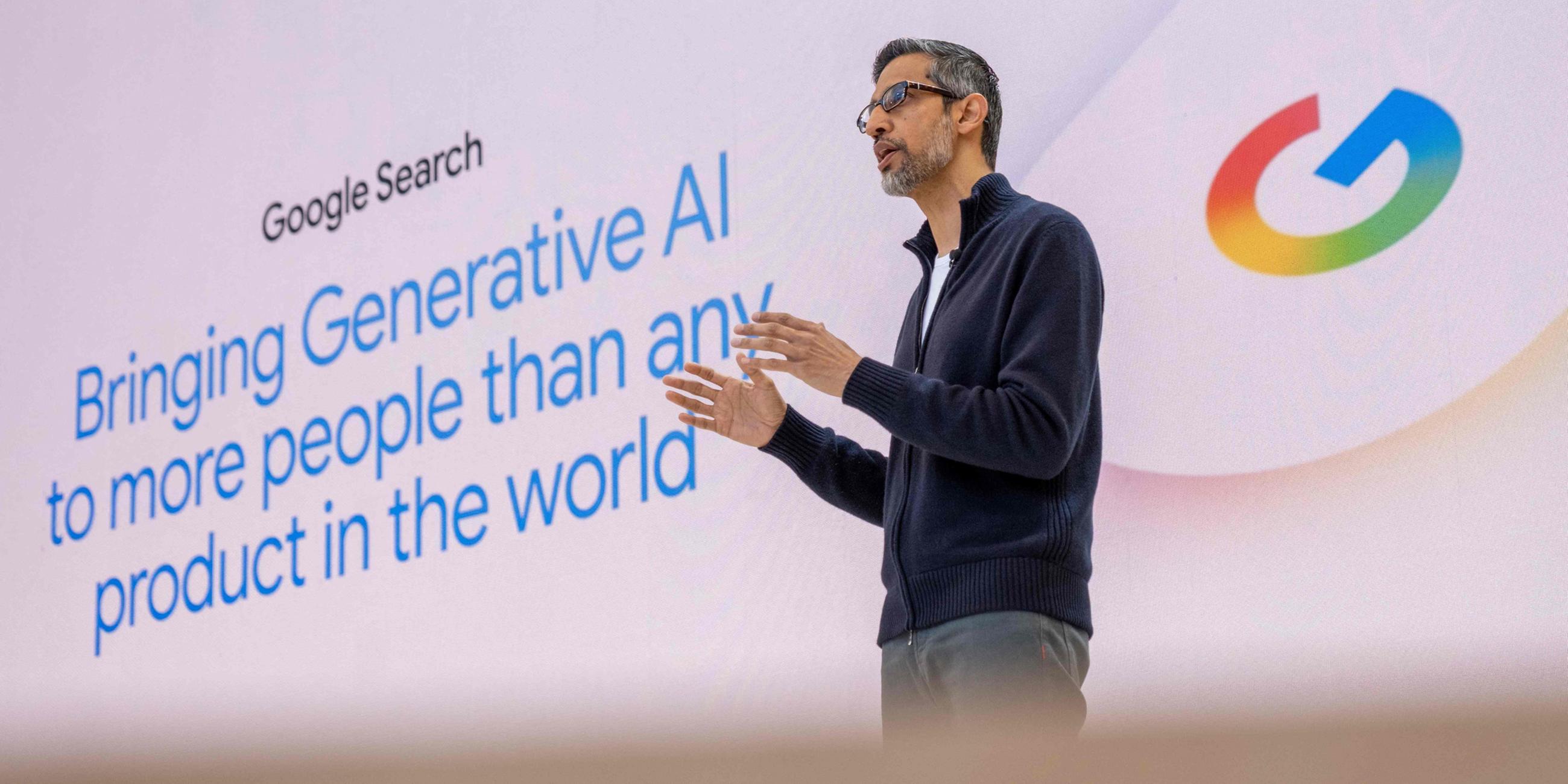 Google-CEO Sundar Pichai spricht während der jährlichen Google I/O-Entwicklerkonferenz in Mountain View, Kalifornien, am 20. Mai 2025 zu den Anwesenden.