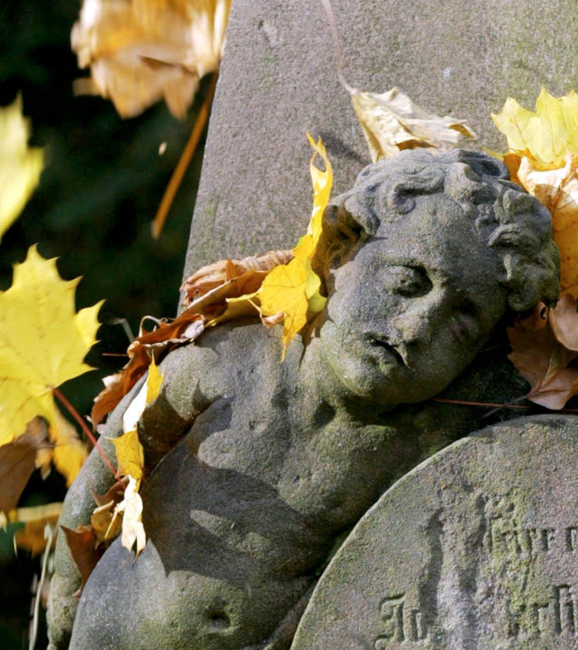 Symbolbild: Ein Grabstein mit Herbstlaub bedeckt.