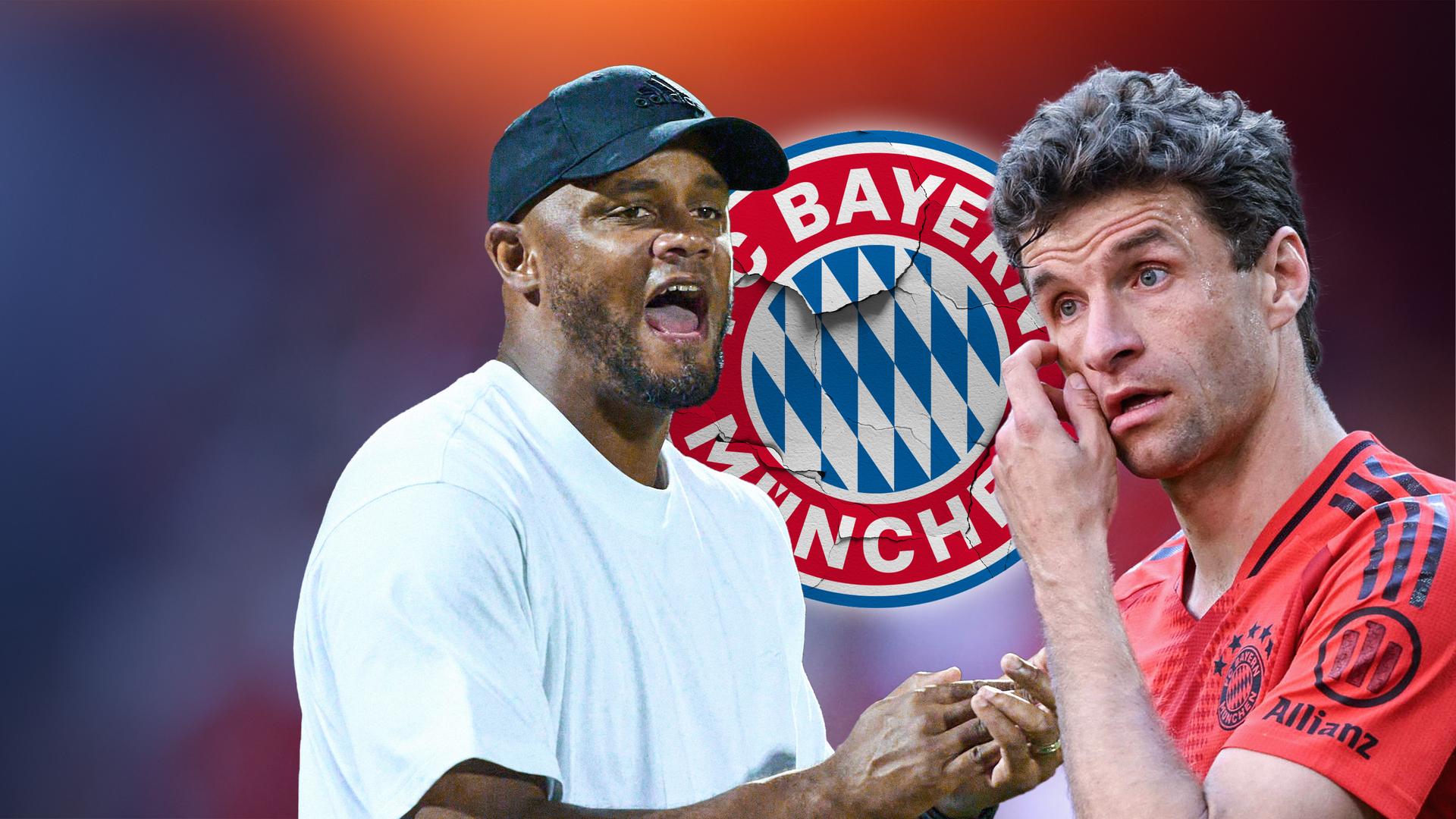 Grafik: Sport Bolzplatz, man sieht den neuen Bayern-Trainer Vincent Kompany - FCB-Logo und Thomas Müller 