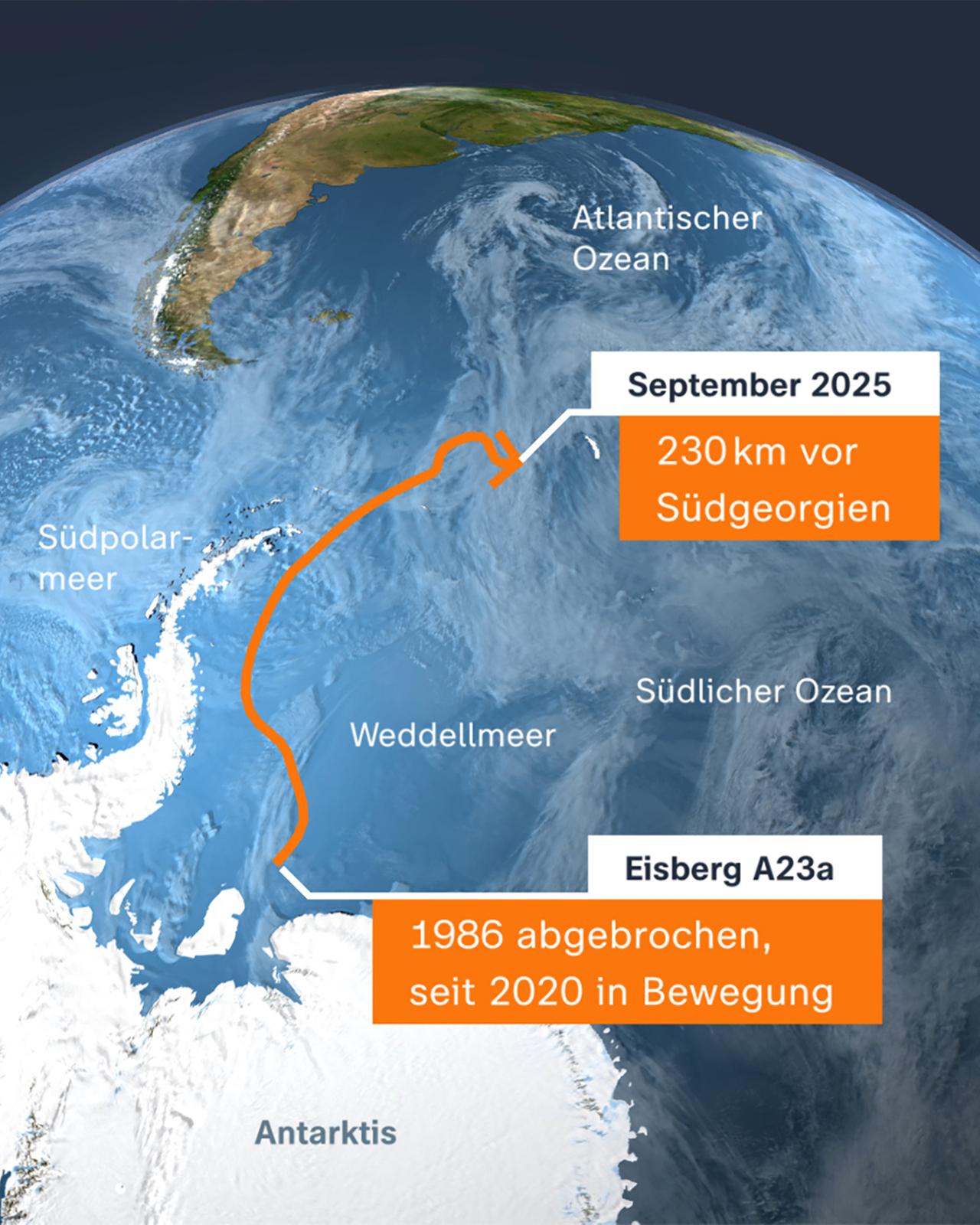 Grafik: Der Weg des Eisbergs A23a