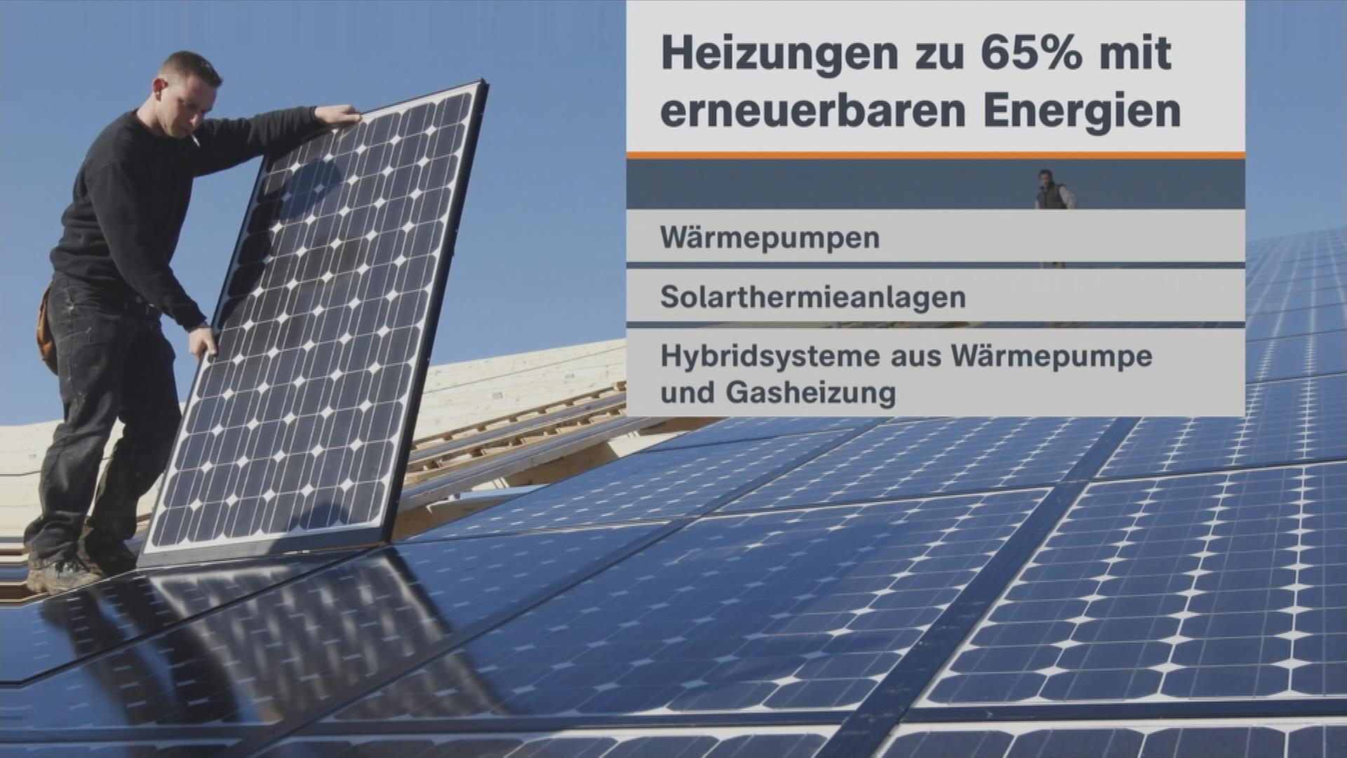 Auf dem Bild ist eine Grafik zu sehen, die die drei erneuerbaren Heizungsmöglichkeiten aufzählt: Wärmepumpen, Solarthermieanlagen und Hybridsysteme aus Wärmepumpe und Gasheizung.