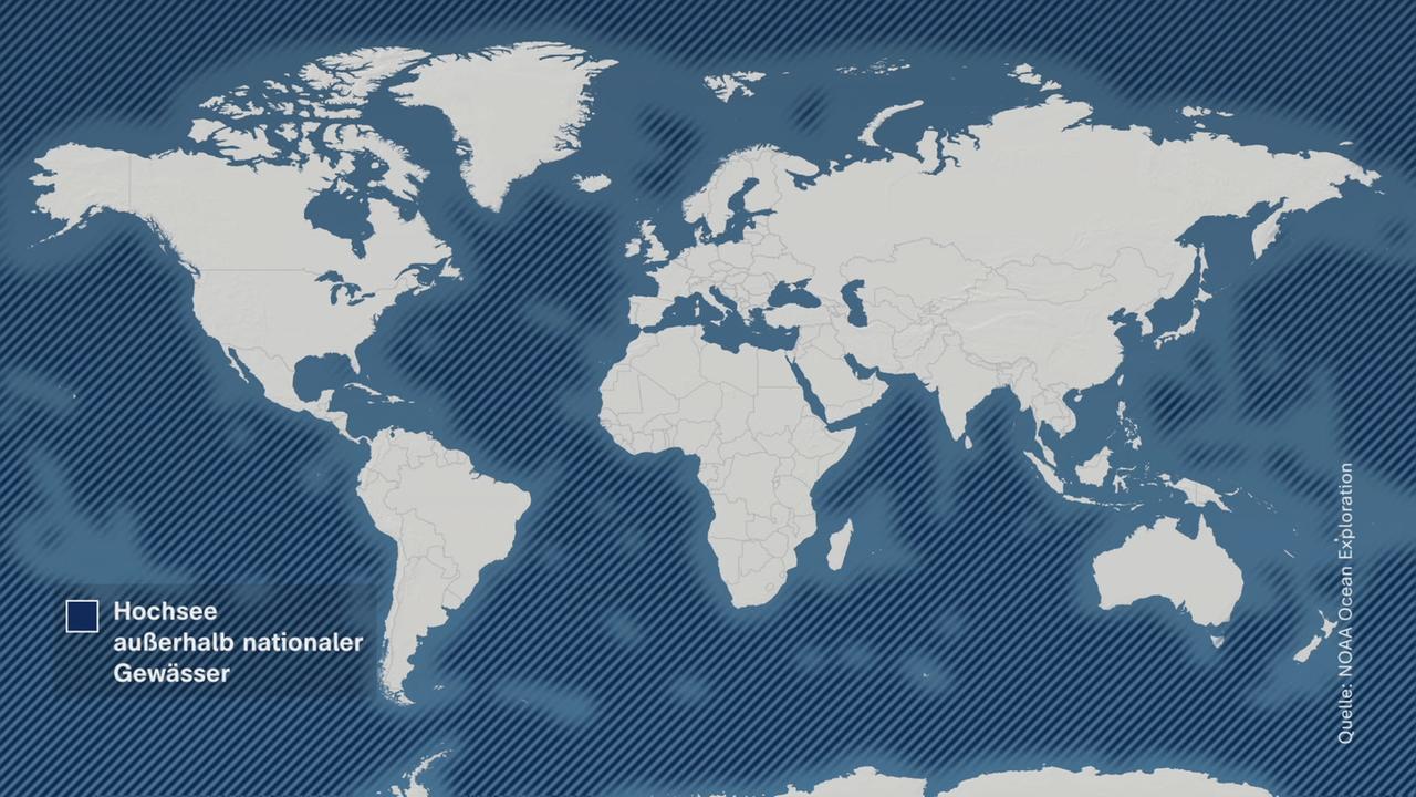 Eine Karte, die zeigt, dass die Hochseezonen einen sehr großen Teil der Weltmeere ausmachen.