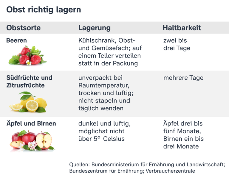 Die Grafik zeigt, wie man verschiedene Obstsorten richtig lagert