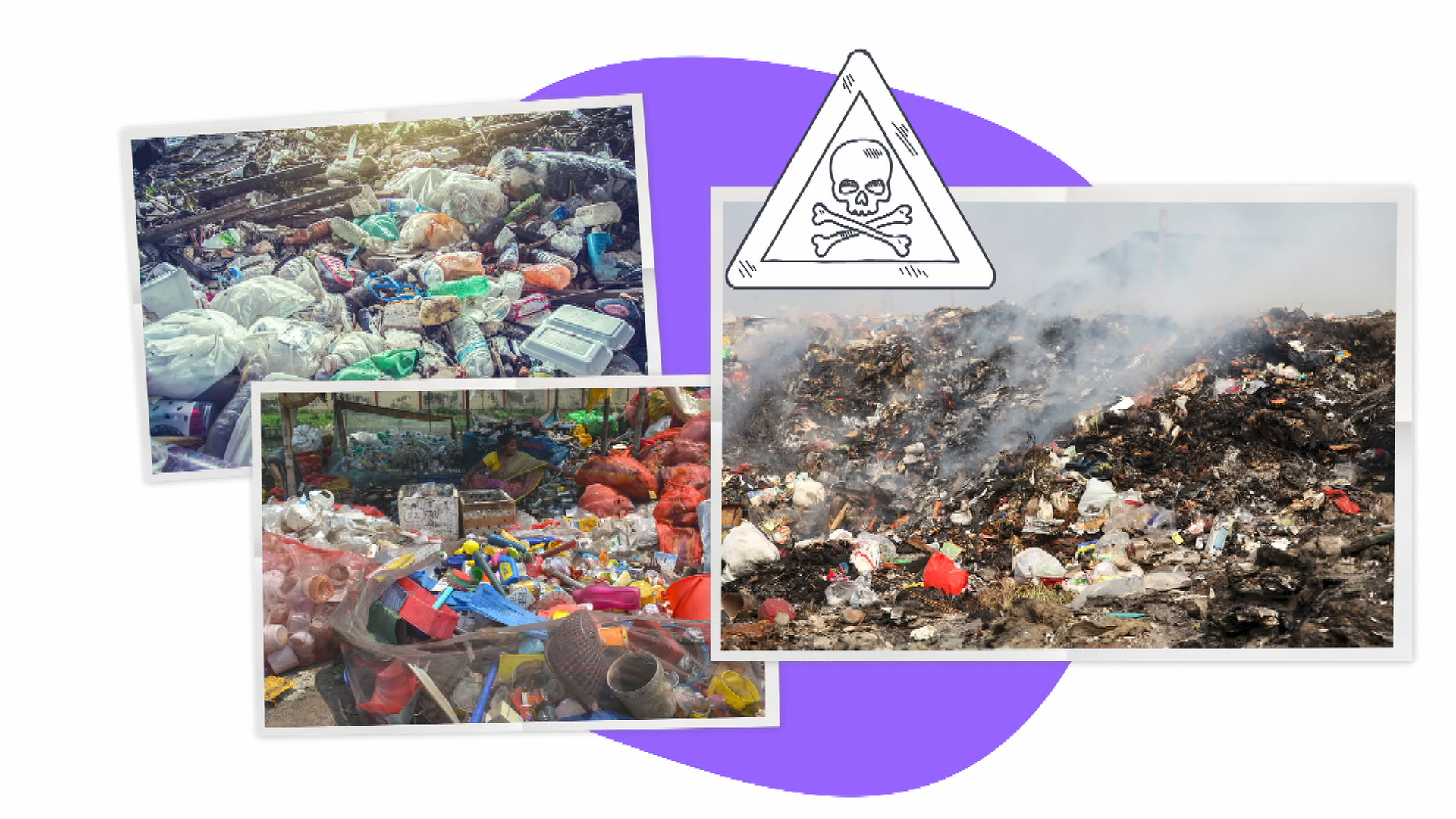 Riesige Berge Plastikmüll, daneben ein Totenkopf-Symbol
