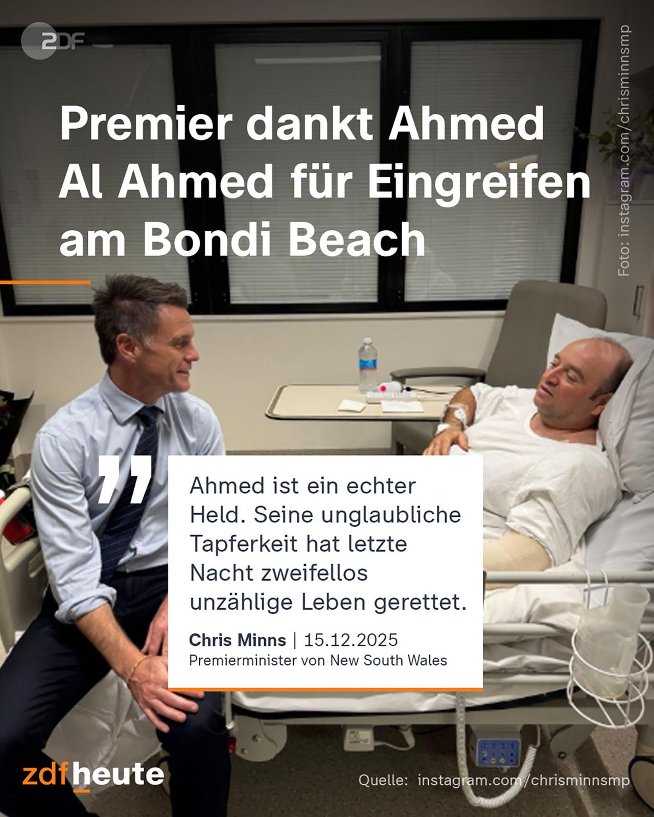 Grafik: Der australische Premier Chris Minns bedankt sich bei Ahmed Al Ahmed im Krankenhaus