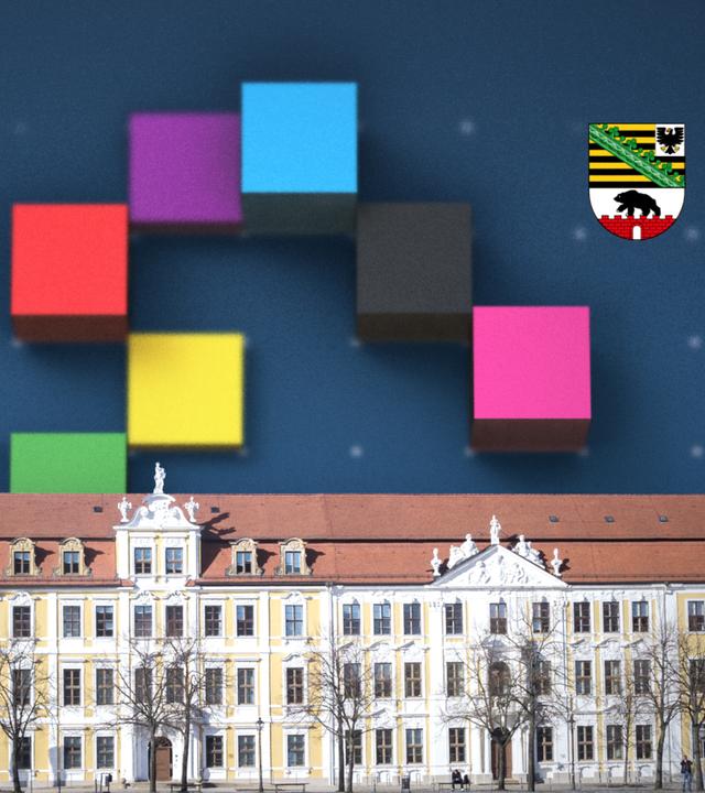 Eine Collage aus Farben der einzelnen Parteien und dem Wappen von Sachsen-Anhalt hinter dem Landtag von Magdeburg.