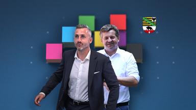 Eine Collage aus Farben der einzelnen Parteien und dem Wappen von Sachsen-Anhalt hinter Ulrich Siegmund, AfD, und Sven Schulze, CDU.