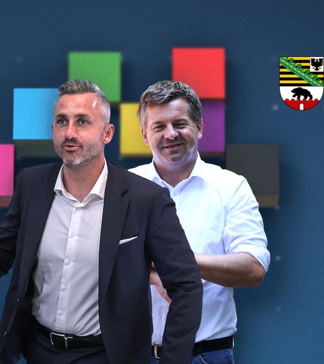 Eine Collage aus Farben der einzelnen Parteien und dem Wappen von Sachsen-Anhalt hinter Ulrich Siegmund, AfD, und Sven Schulze, CDU.