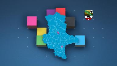 Eine Collage aus Symbolen der einzelnen Parteien und dem Wappen von Sachsen-Anhalt hinter einer Wahlkreiskarte.