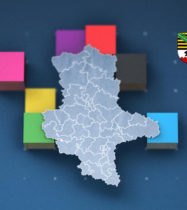 Eine Collage aus Symbolen der einzelnen Parteien und dem Wappen von Sachsen-Anhalt hinter einer Wahlkreiskarte.