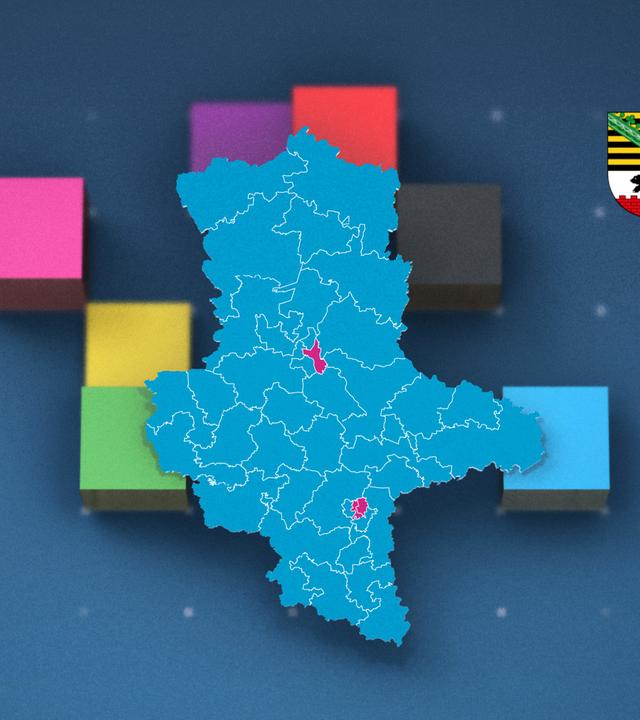 Eine Collage aus Symbolen der einzelnen Parteien und dem Wappen von Sachsen-Anhalt hinter einer Wahlkreiskarte.