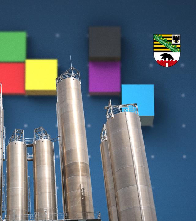 Eine Collage aus Farben der einzelnen Parteien und dem Wappen von Sachsen-Anhalt hinter dem Domo in Leuna.