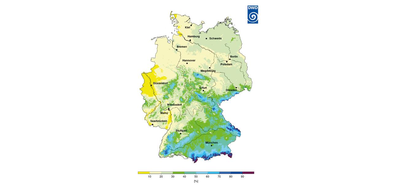 Die Karte zeigt, wie wahrscheinlich regional weiße Weihnachten mit einer Schneedecke an allen drei Tagen vom 24. bis 26. Dezember in der Referenzperiode 1961-1990 waren.