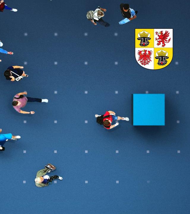 Menschen von oben mit einem Würfel in der Parteifarbe der AfD und einem Wappen von Mecklenburg-Vorpommern
