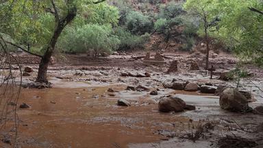 Überreste von Steinpfeilern einer Brücke am Bright Angel Creek nach einer Sturzflut, die die Fußgängerbrücke im Grand Canyon zerstört hat
