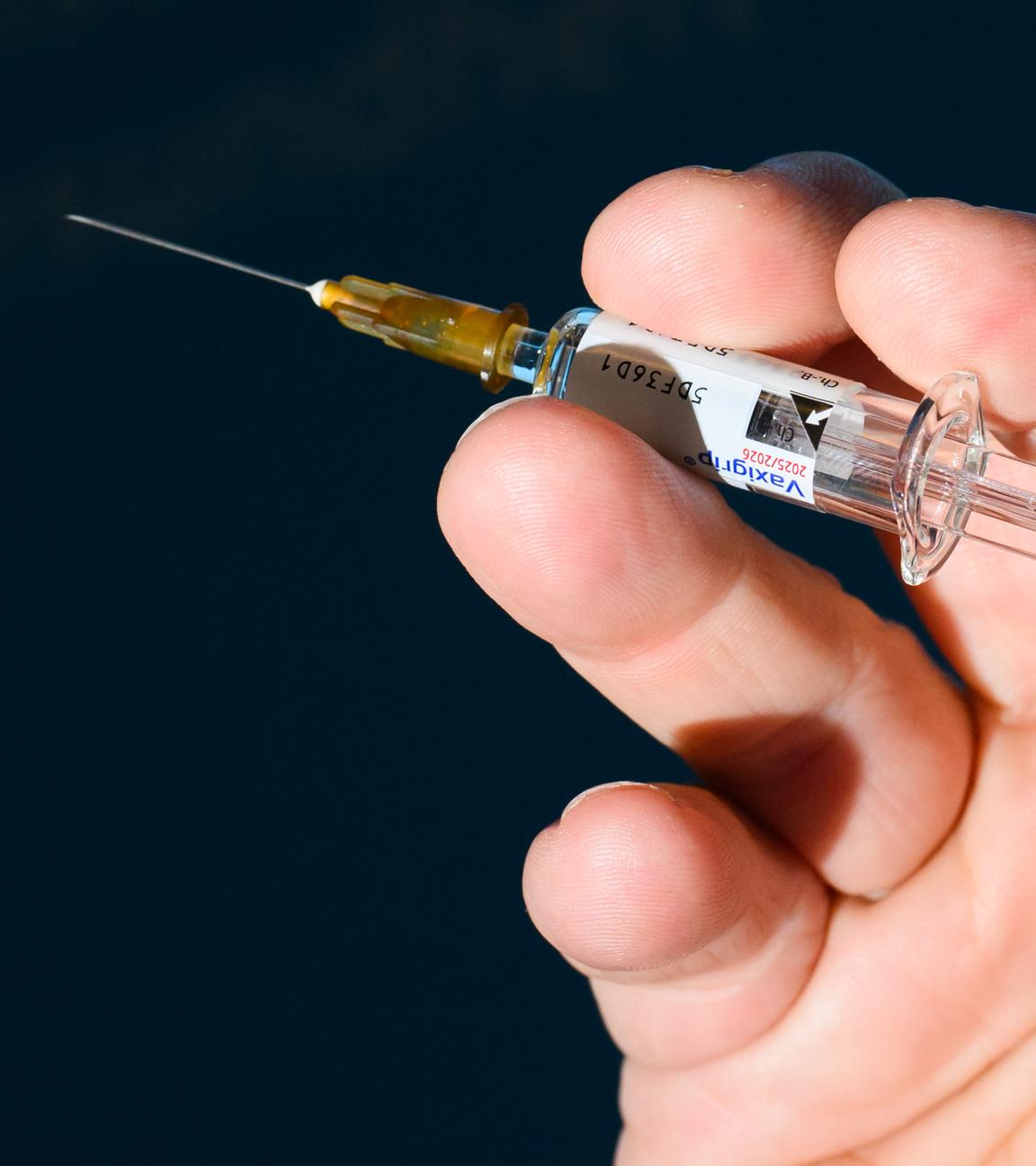 Ein Arzt hält bei einem Pressetermin zur Grippeschutzimpfung im niedersächsischen Gesundheitsministerium eine Spritze mit dem Grippeimpfstoff.