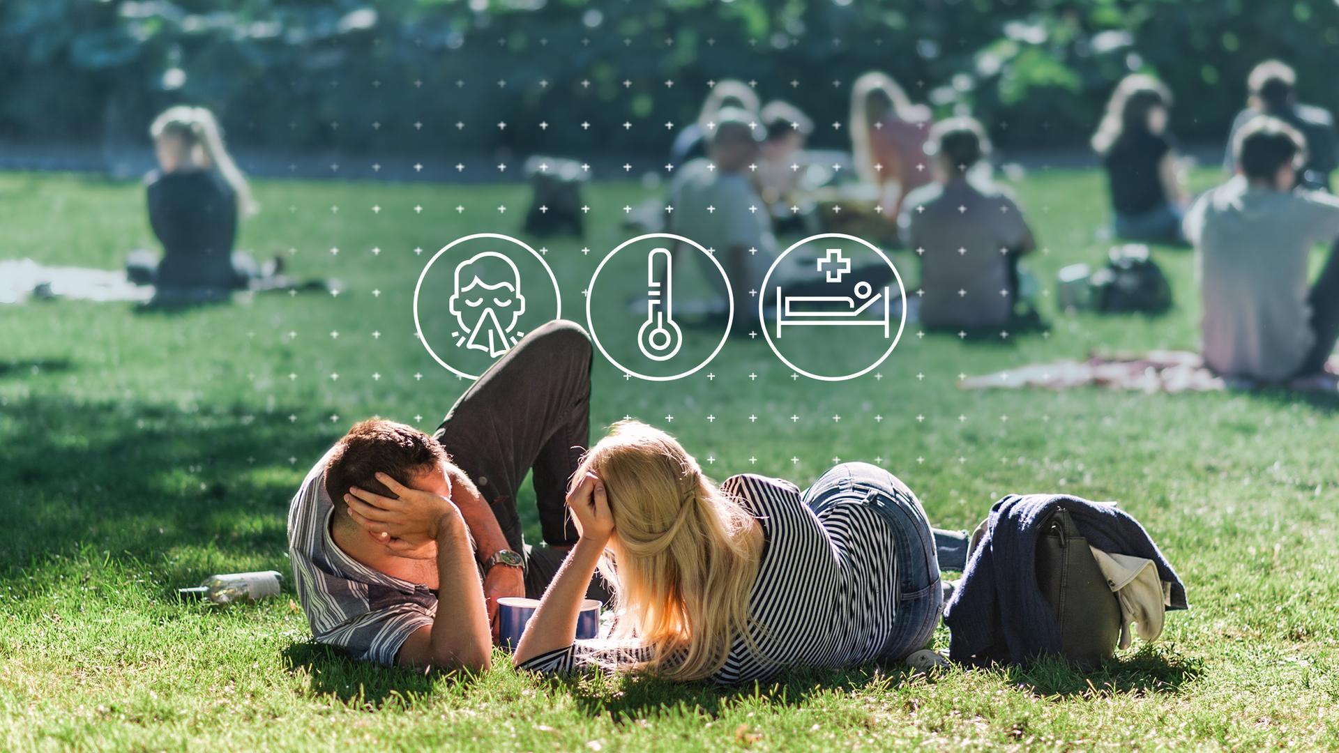 Menschen auf einer Frühlingswiese mit Icons für Erkältung, Fieber, Krankenhaus