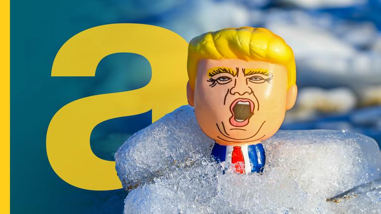 Eine Spielfigur vom Donald Trump im Schnee
