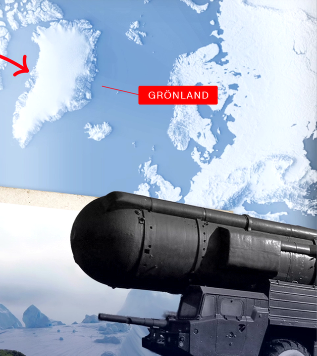 Abhörstation und Atomwaffe vor Grönlandkarte (Kollage)