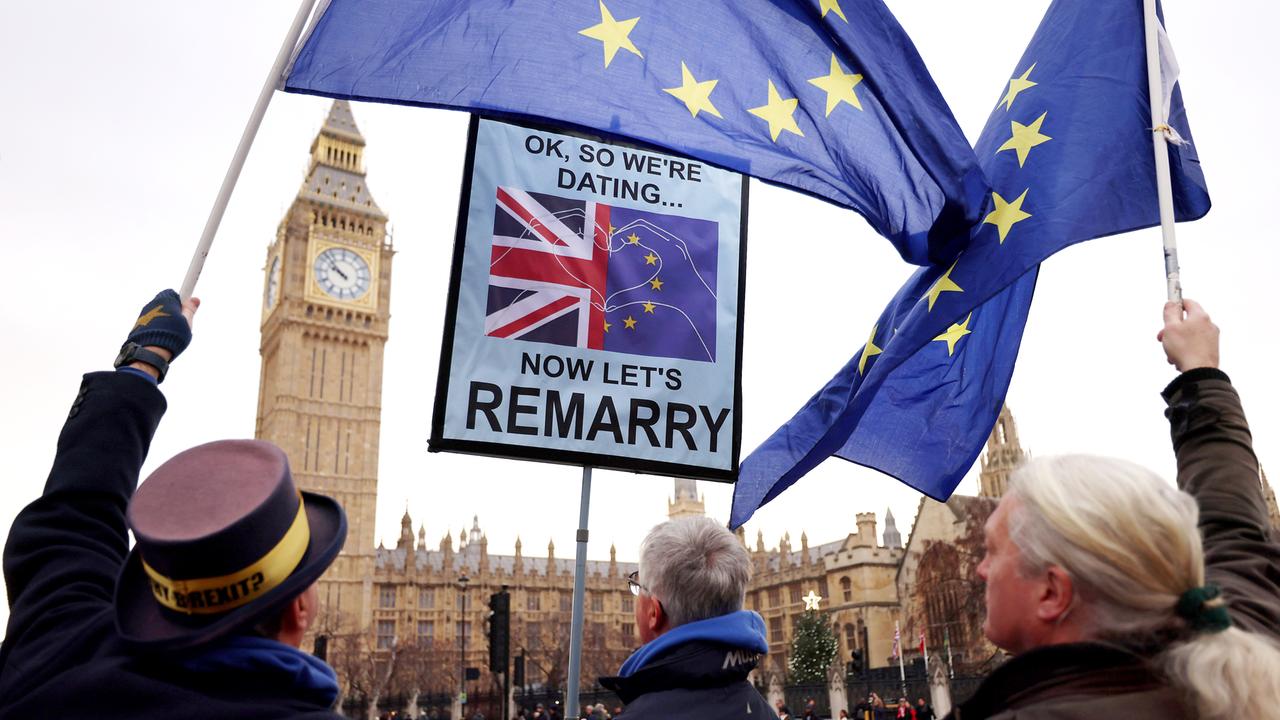 Pro-EU-Aktivisten demonstrieren am vor dem britischen Parlament in London mit EU-Flaggen und Plakaten, aufgenommen am 17.12.2025