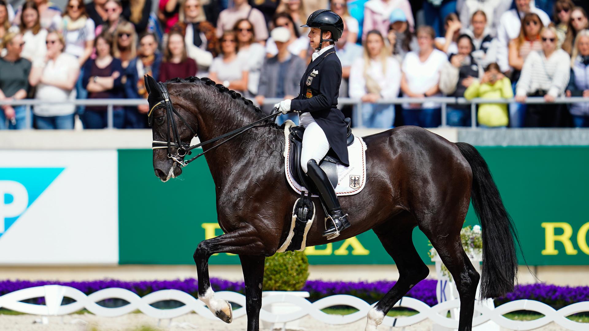Die deutsche Dressurreiterin Isabell Werth auf dem Pferd Wendy de Fontaine reitet durch den Parcours.