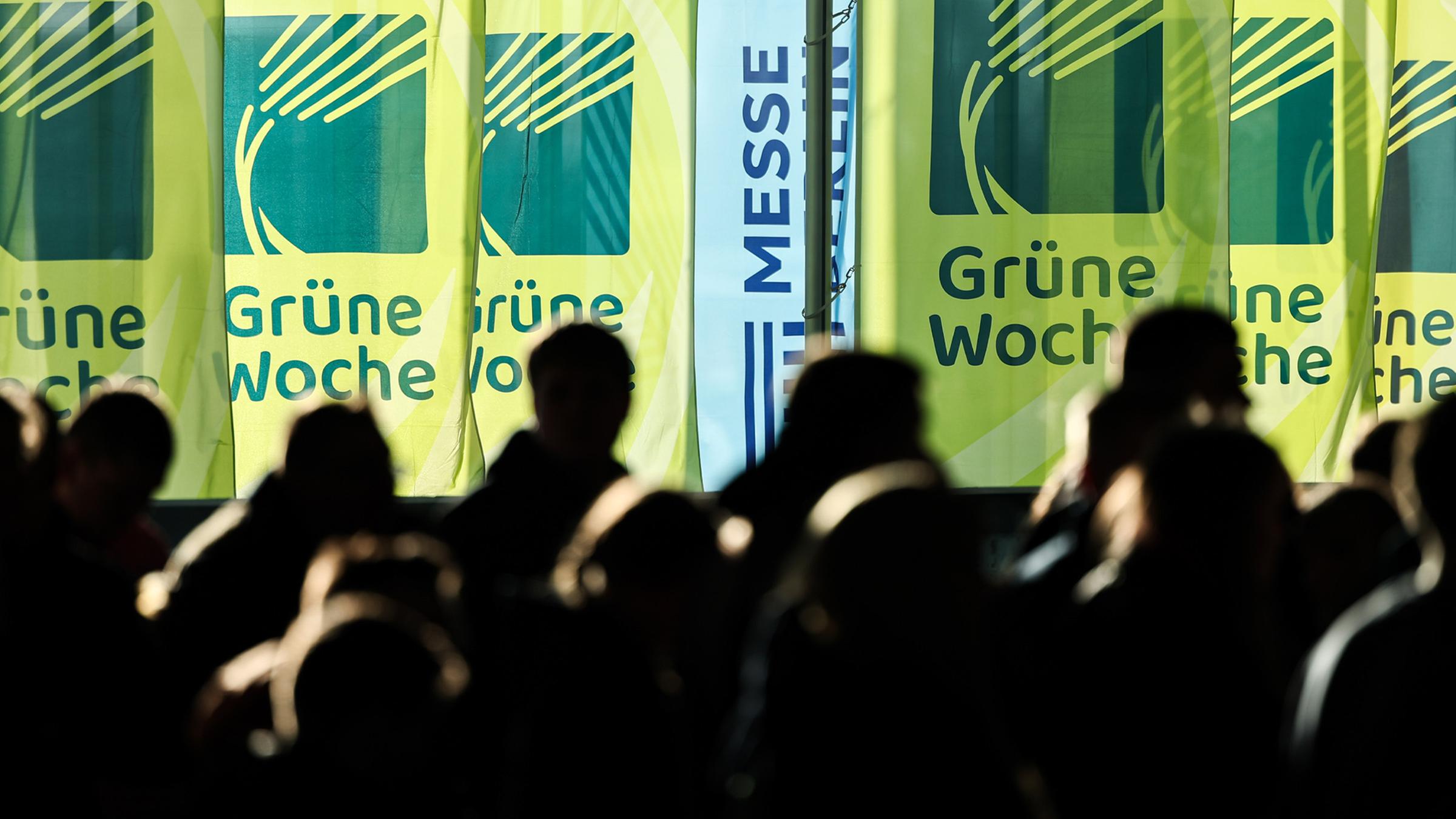 Besucher in einer Halle vor Flaggen der Grünen Woche. (Archiv)