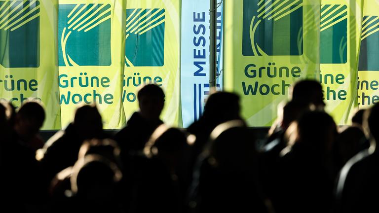 Besucher in einer Halle vor Flaggen der Grünen Woche. (Archiv)
