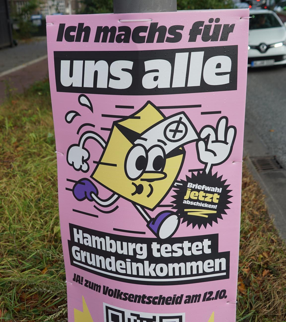 Wahlplakat zum Volksentscheid über das Grundeinkommen in Hamburg
