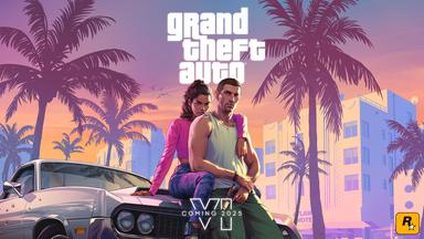 Ein sommerliches Werbebild für das neue Videospiel GTA6 von Rockstar Games. Eine Frau sitzt auf einer Autohaube und hat ihren Arm um einen Mann vor sich gelegt. 
