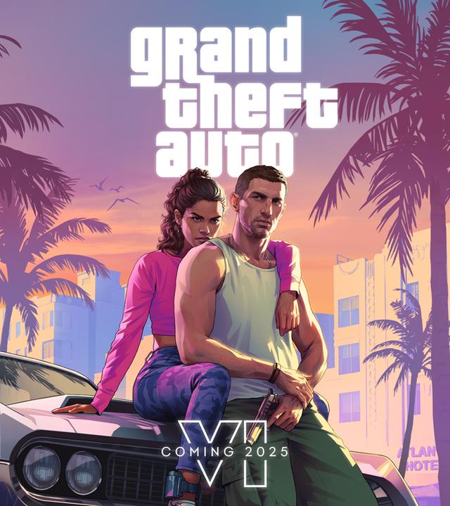 Ein sommerliches Werbebild für das neue Videospiel GTA6 von Rockstar Games. Eine Frau sitzt auf einer Autohaube und hat ihren Arm um einen Mann vor sich gelegt. 