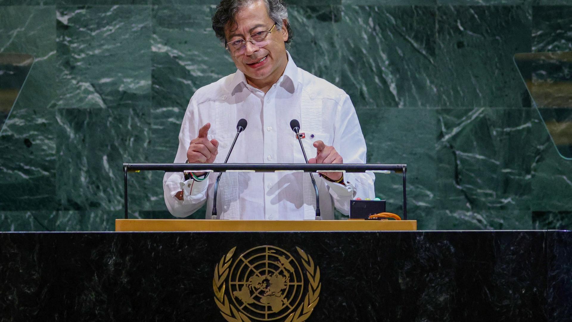 Der kolumbianische Präsident Gustavo Petro spricht während der Generaldebatte der Generalversammlung der Vereinten Nationen im UN-Hauptquartier in New York City am 23.09.2025. 