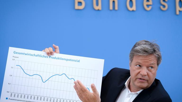 Robert Habeck bei der Bundespressekonferenz zur Vorstellung der Frühjahrsprojektion 2025 der Bundesregierung der Bundesregierung im Haus der Bundespressekonferenz. Habeck zeigt auf eine Grafik welche, das gesamtwirtschaftliche Produktionspotenzial zeigt.