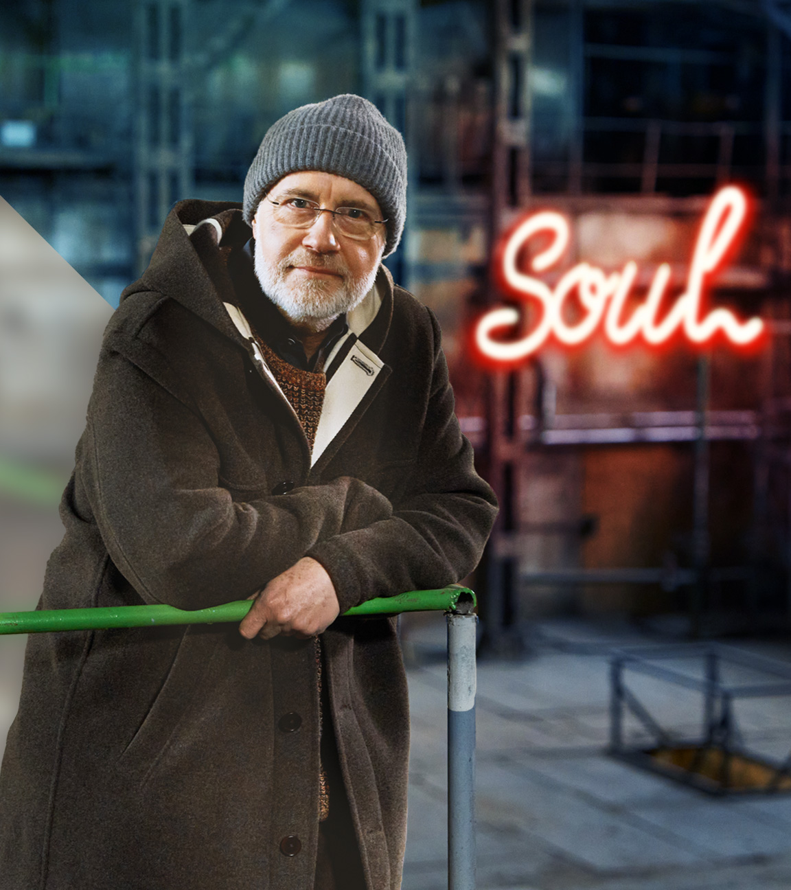 Harald Lesch lehnt an Treppe neben Schriftzug "Soul".