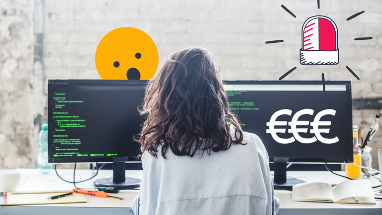 Eine Frau sitzt an einem Rechner, daneben Grafiken Eurozeichen, Alarmsymbol und geschocktes Emoji 