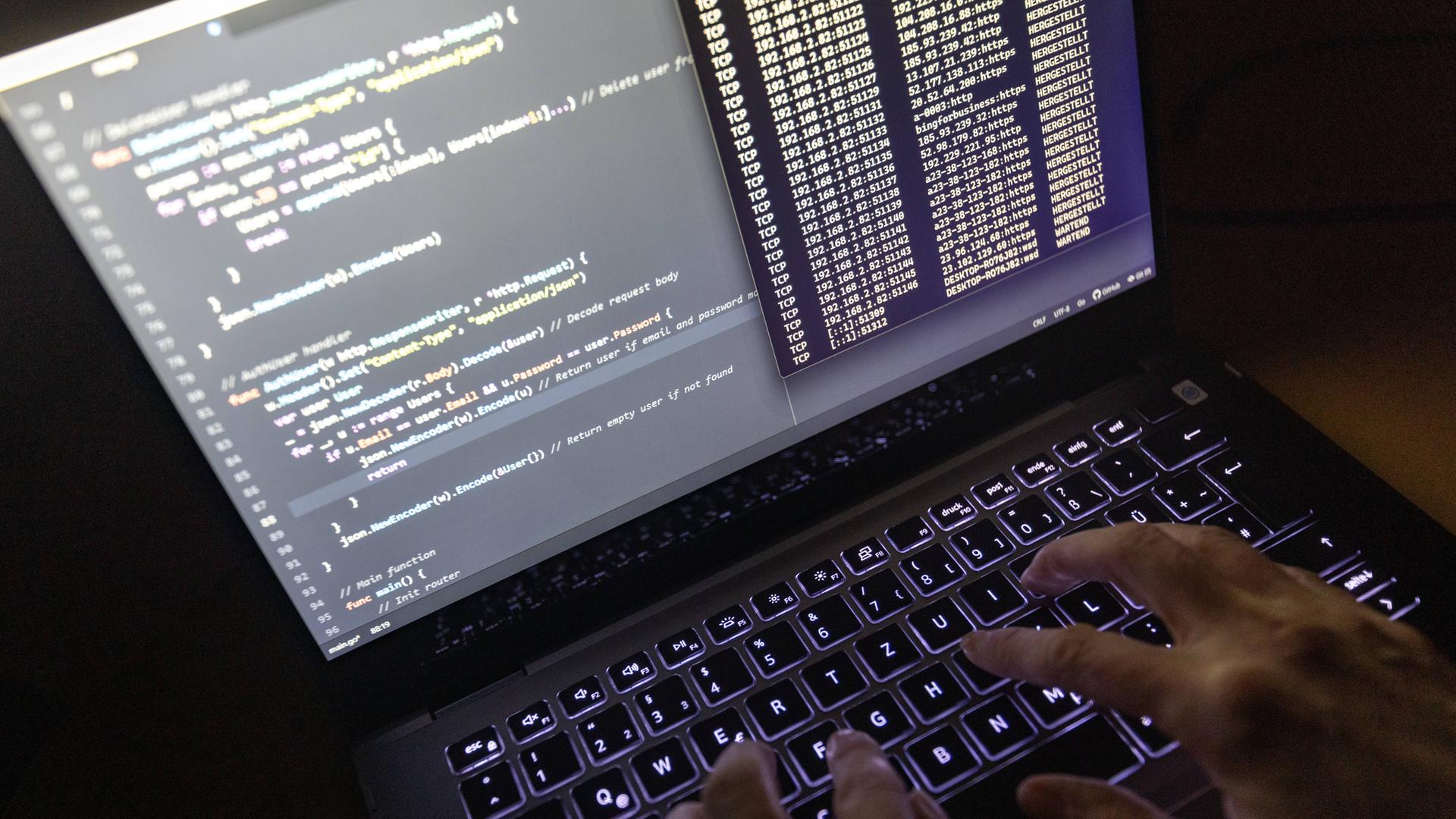 Symbolbild: Quellcode eines Webservers sowie die Windows-Eingabeaufforderung sind einem Laptop im Dunkeln zu sehen., 