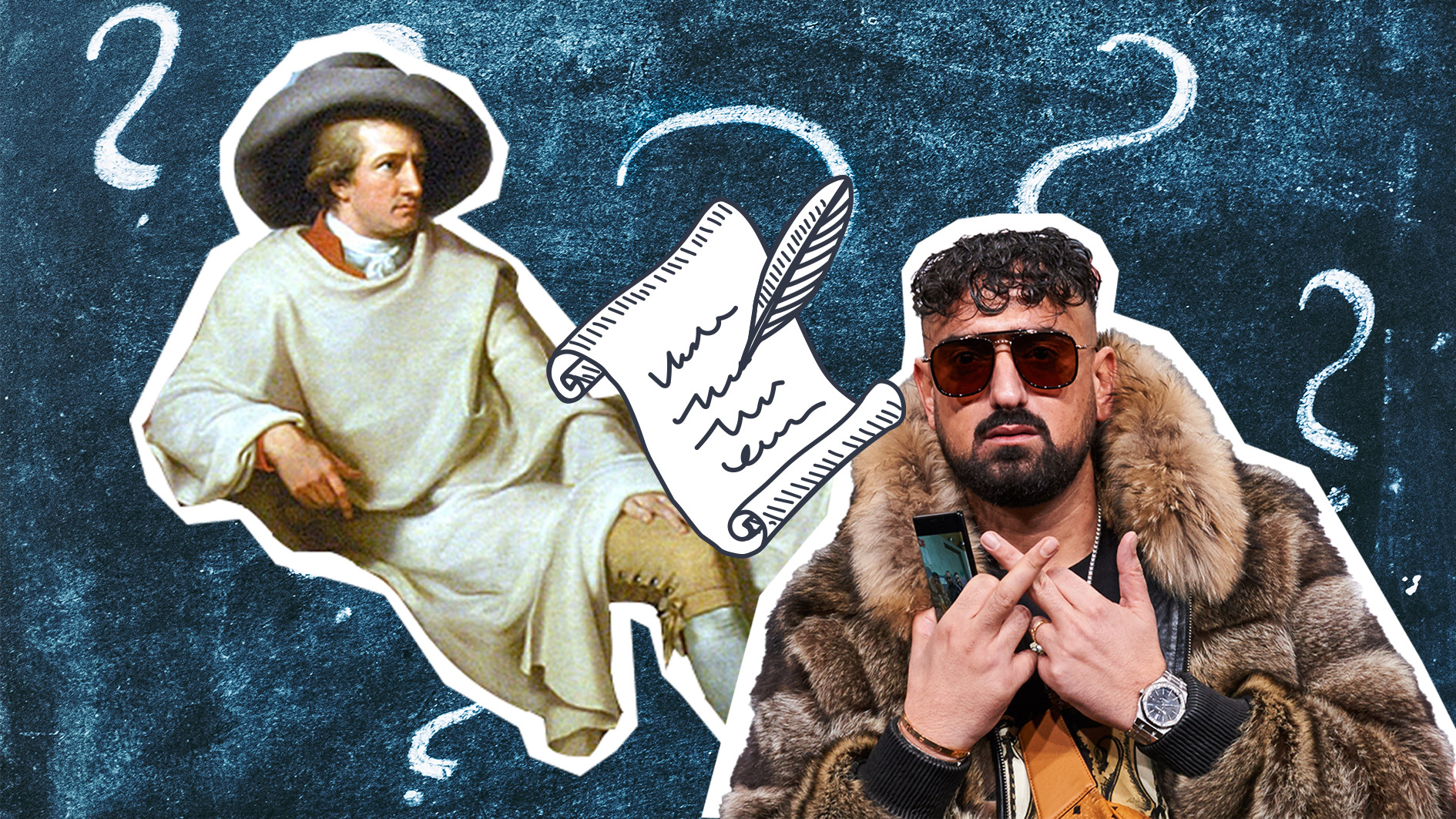 Goethe und Haftbefehl vor einer Tafel mit Fragezeichen und Schriftrolle