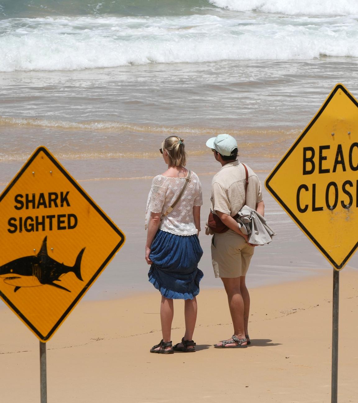 Ein Paar blickt am North Steyne Beach nach einer Reihe von Hai-Angriffen in Sydney auf das Meer, aufgenommen am 20.01.2026