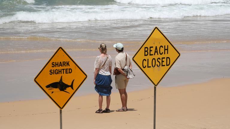 Ein Paar blickt am North Steyne Beach nach einer Reihe von Hai-Angriffen in Sydney auf das Meer, aufgenommen am 20.01.2026