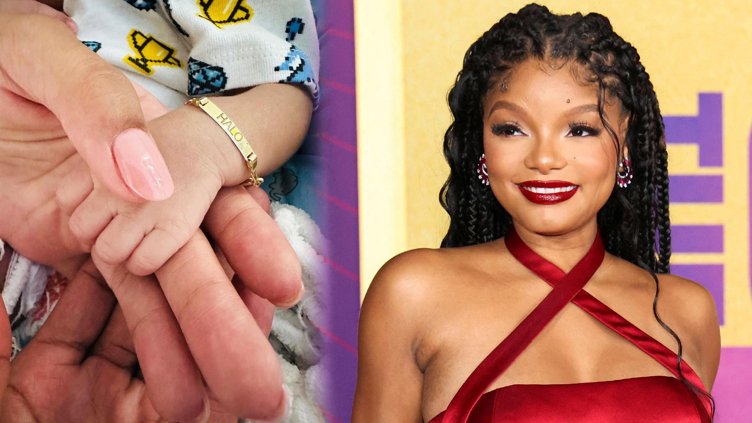 Halle Bailey hält die Hand ihres Kindes auf der linken Seite. Auf der rechten Seite ist die Schauspielerin zu sehen. 