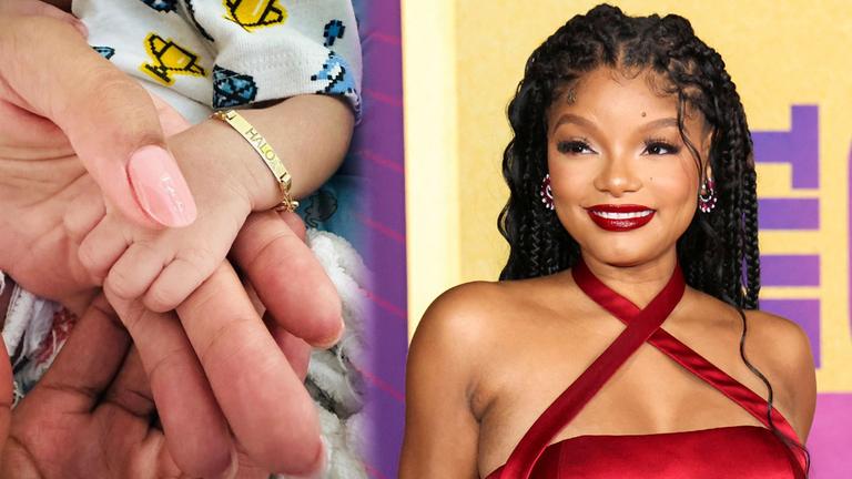 Halle Bailey hält die Hand ihres Kindes auf der linken Seite. Auf der rechten Seite ist die Schauspielerin zu sehen. 