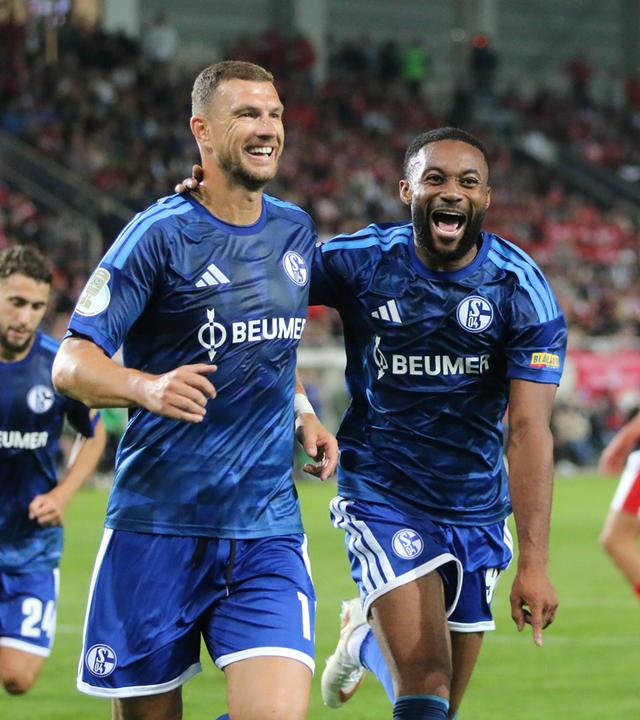 Edin Dzeko (Schalke) und Moussa Sylla (Schalke) jubeln. 