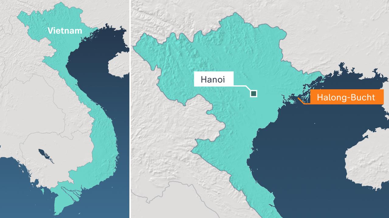 Die Karte zeigt links Vietnam in Gänze und rechts die Halong-Bucht und ihre Entfernung zur Hauptstadt Hanoi.