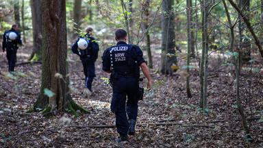 Polizeikräfte durchsuchen bei einem Großeinsatz ein Waldstück am Hambacher Forst. 